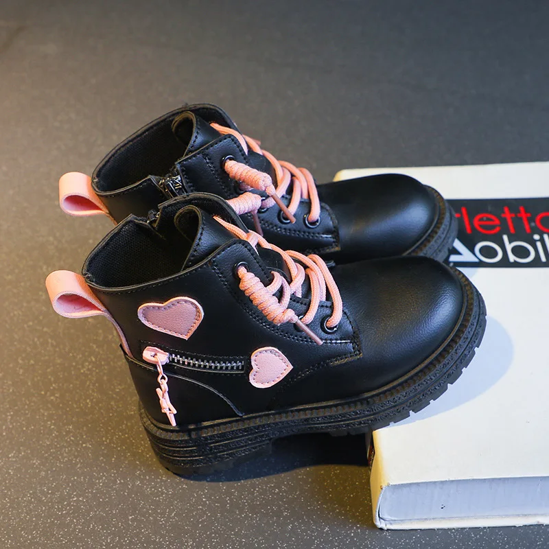 Children Heart Print  Shoes Autumn and Winter New Girls Soft Sole Versatile High Sleeve Martin Boots Little Princess Style Shoes