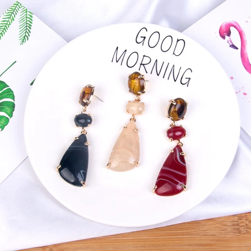 Korean Style Earrings Handmade Gemstone Beads Dangling Long Drop Earrings Gold Plated Resin Earring Molds