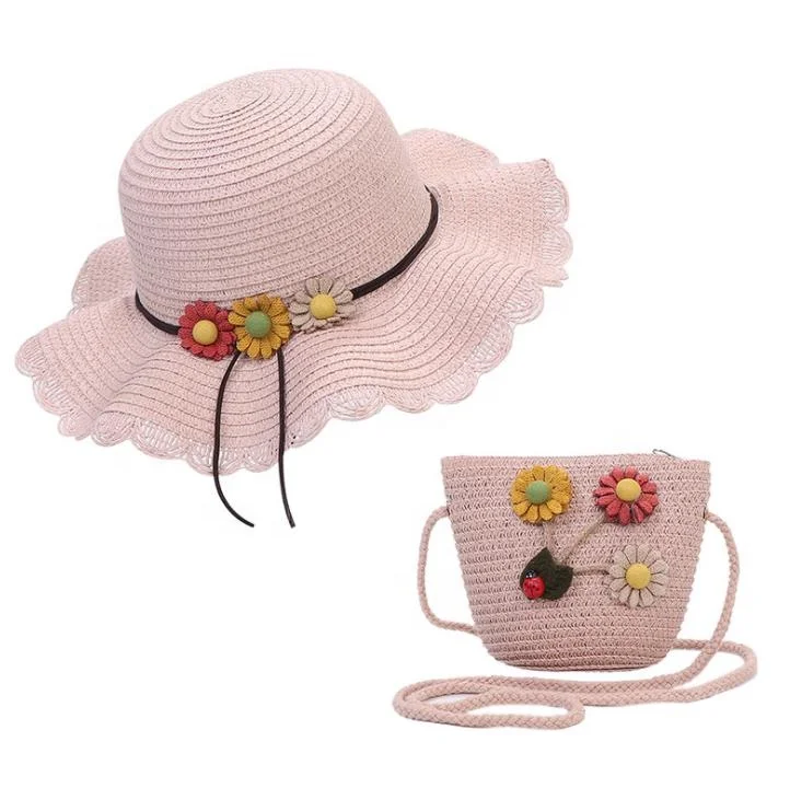 Cute Kids Toddler Baby Girls Multi-Colors Large Wide Brim Flower Beach Cap Sun Pompom Straw Hat and Bag Set