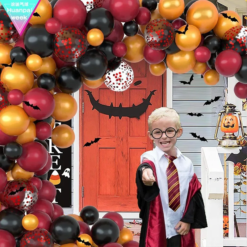 Black Red Gold Balloons Garland Kit Confetti Balloon Bat Stickers, Latex Balloons for Halloween Decoration Birthday