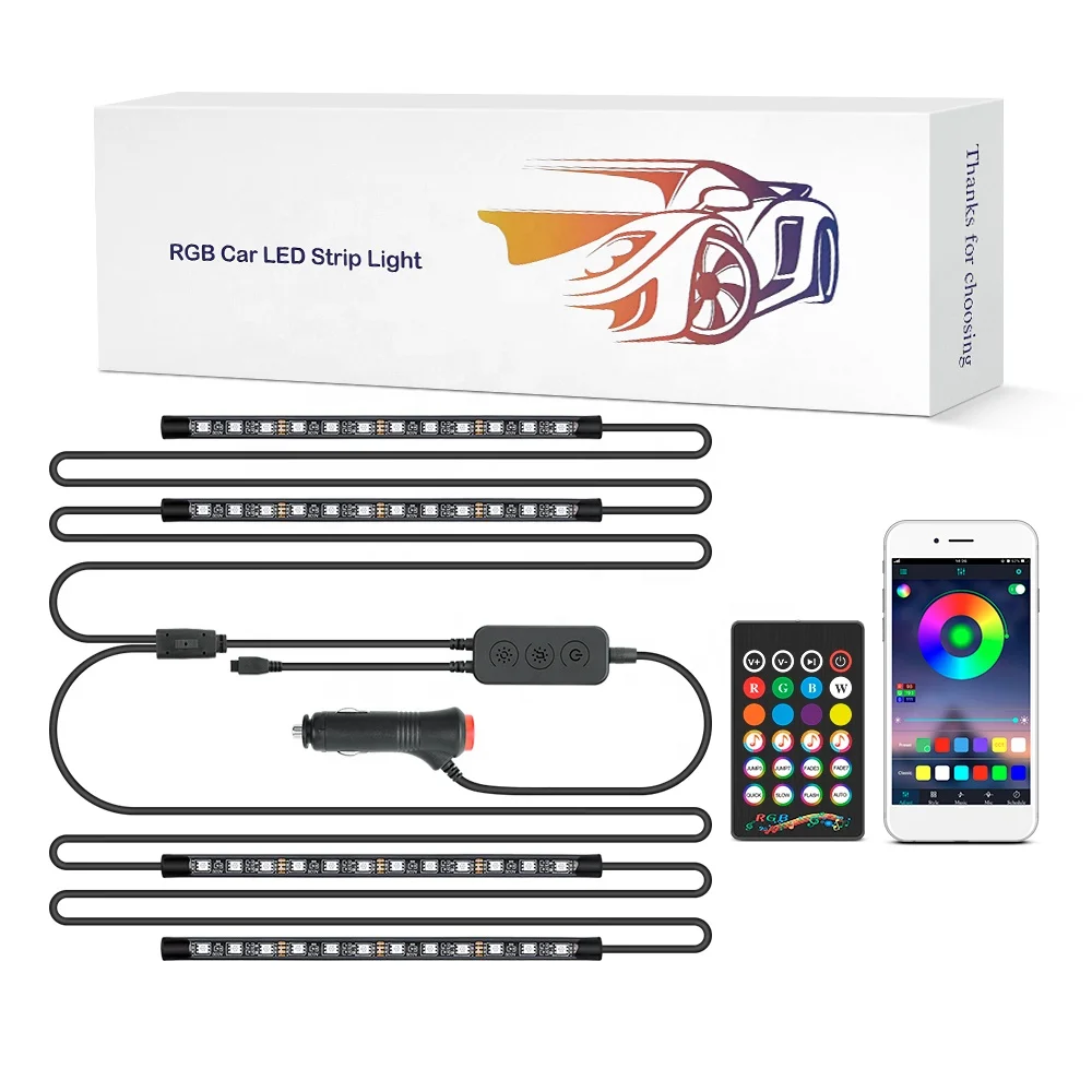 MICTUNING 12V N1 4pcs RGB Interior Car LED Strip Light Ambient Lighting Kit with 2-Line Design APP Controller