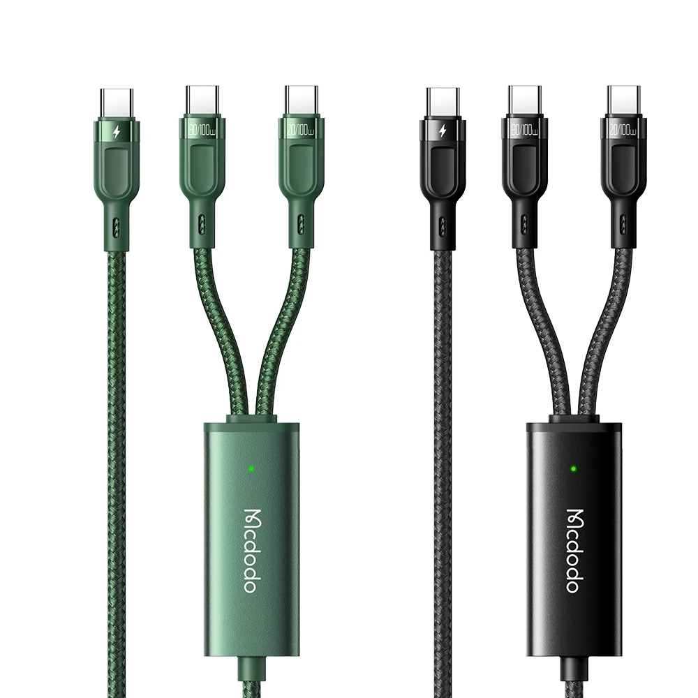 100W WIth E-marker PD Quick Charge Laptop Charging Cable 5A Type C to Dual Type USB C With Led Cables 2in1 Black Green 1.2M