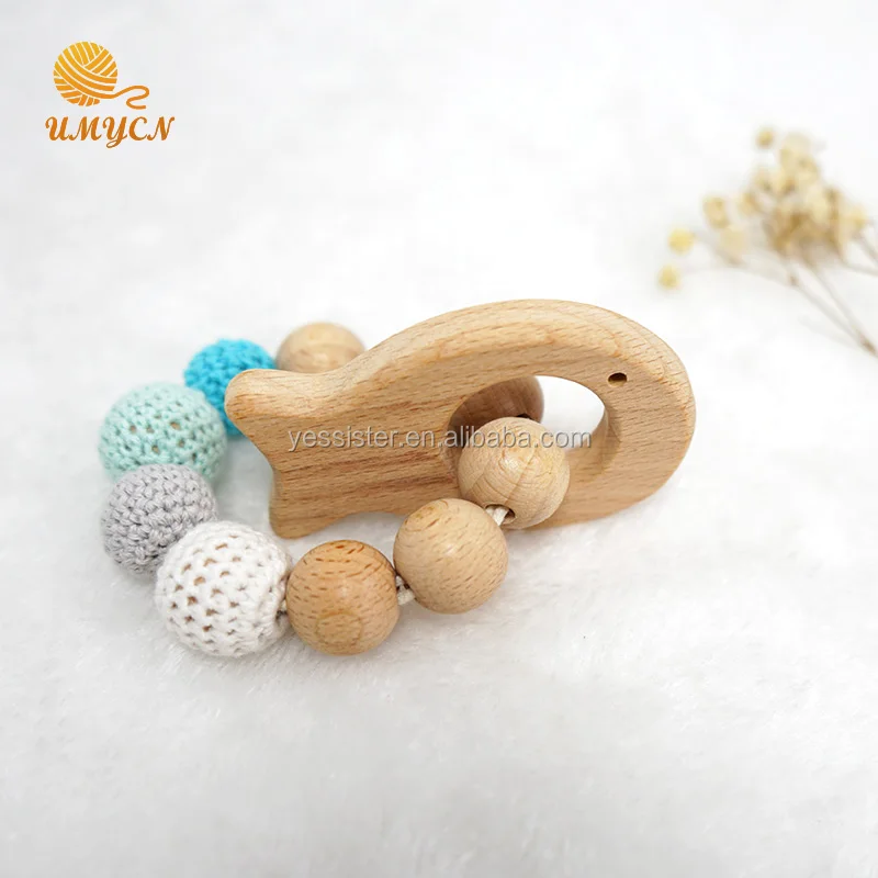 Chewable Beech Crochet Wooden Beads Teething Bracelet Baby Animal Toys