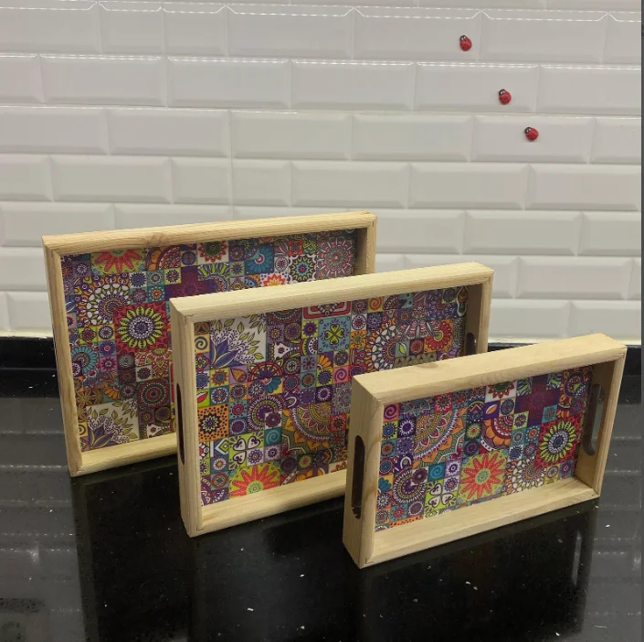 W90 Personalized 3-Piece Wooden Serving Tray with custom UV printing bottom,Pine tray with printed design bottom board