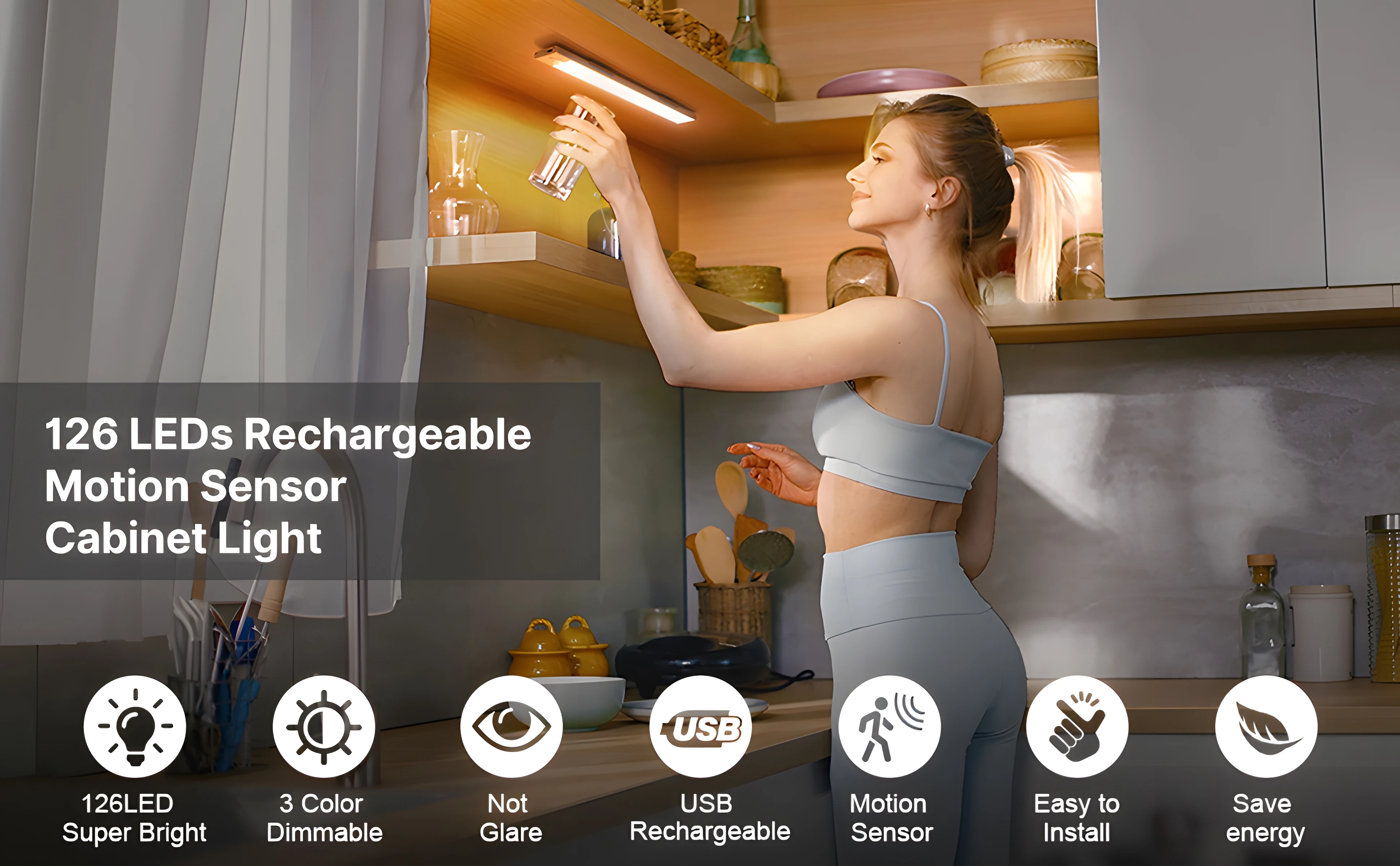 Rechargeable Magnetic Wireless Self-Adhesive Three-Color Induction Kitchen Lamp Sensor Home Use-for Cabinet Wardrobe Wine