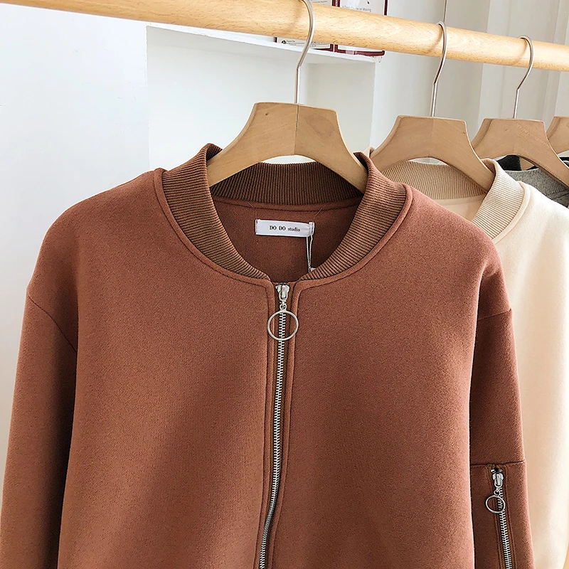 Winter Korean style hem drawstring tie round neck zipper  pullover bubble sleeve solid color crop top jacket