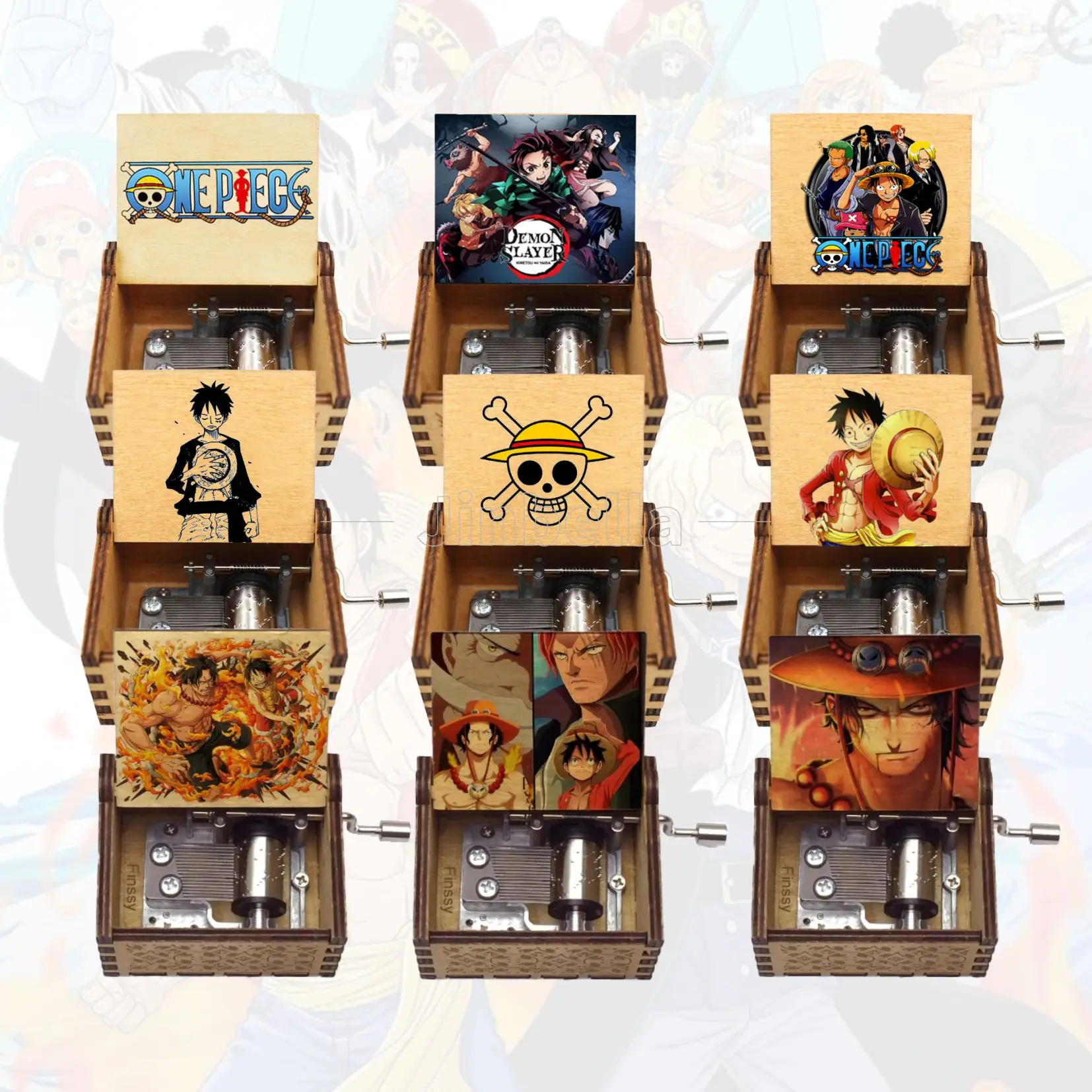 300 designs hot sale Gift Melody Hand Crank Laser Engraved Anime One Pieces Luffy We are Song Hand Crank Wooden Music box