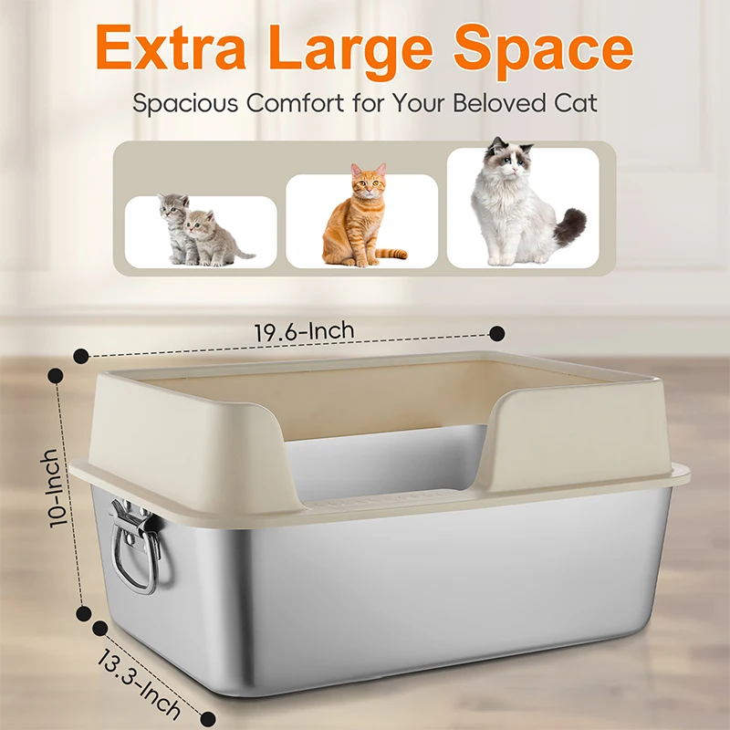 Extra Large Metal Litter Box High Sided Easy Clean  Anti-Leakage  Non-Sticky OdorsStainless Steel Cat Litter Box with Lid