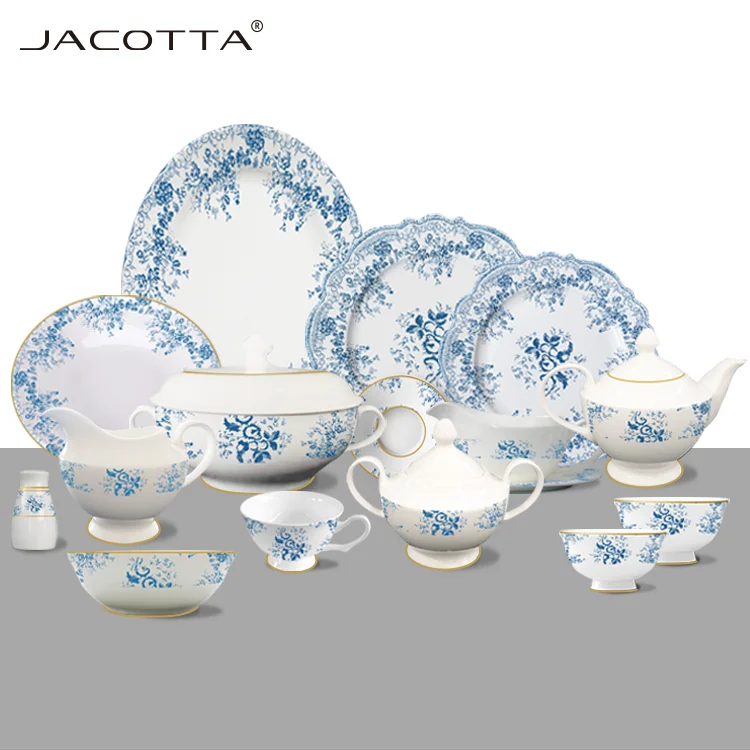 Wholesale blue flower ceramic plates porcelain restaurant dishes plates set 52pcs bone china dinnerware sets