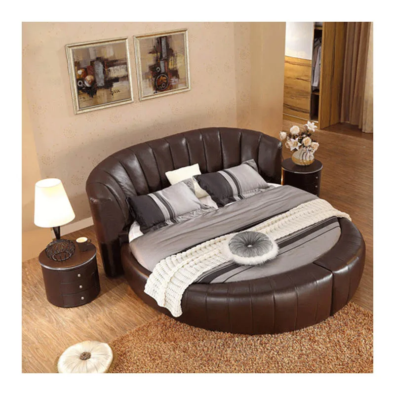 Design Tall Luxury Upholstered King Round Bed Leather Camas Redonda Grande Brown King Size Circle Bed Frame With Storage