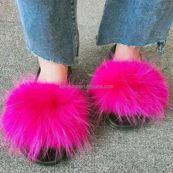 Wholesale new PVC women real raccoon fur slippers summer shoes outdoor slider sandals furry slides
