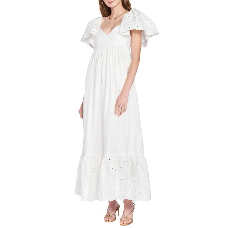 Custom design high quality ladies dress summer solid color elegant short puff sleeve clothes casual white maxi dress women