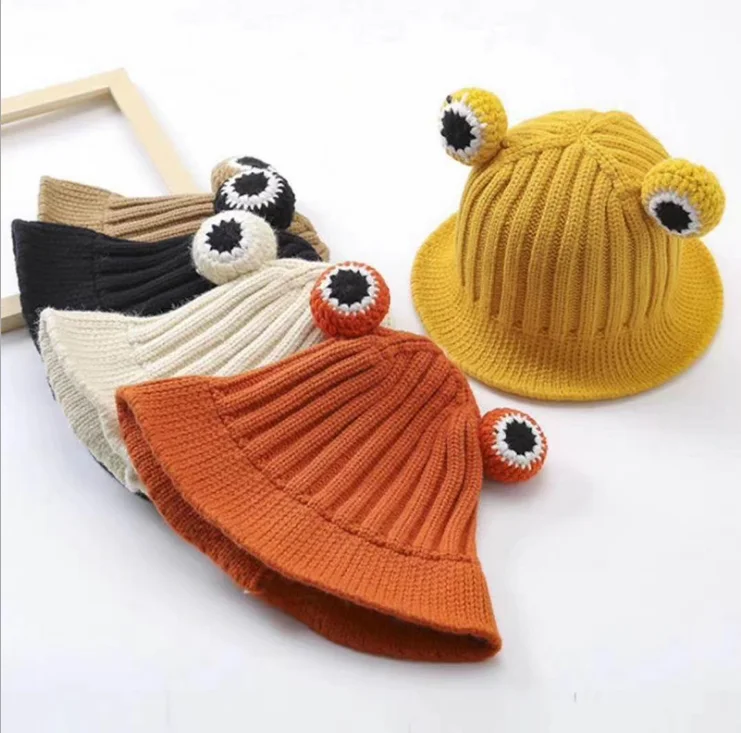 2022 Solid Color Cartoon Frog Knitted Hat Winter Warm Hat Acrylic Cap Beanie Hat For Kid Boy And Girl
