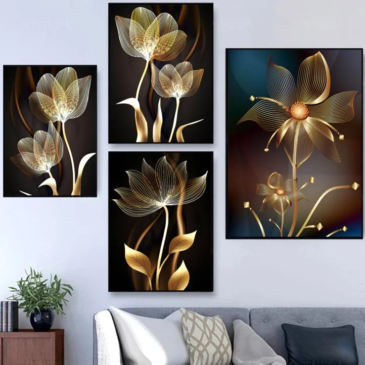 Роскошная гостиная настенное искусство абстрактный постер Декор Абстрактный Цветочный золотой цветок лист цветы Настенная живопись