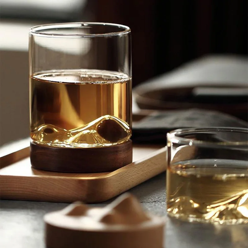 SOLHUI  Mountain Fuji Style Whiskey Glass with Wooden Bottom Wine Glass Teacups For Whiskey