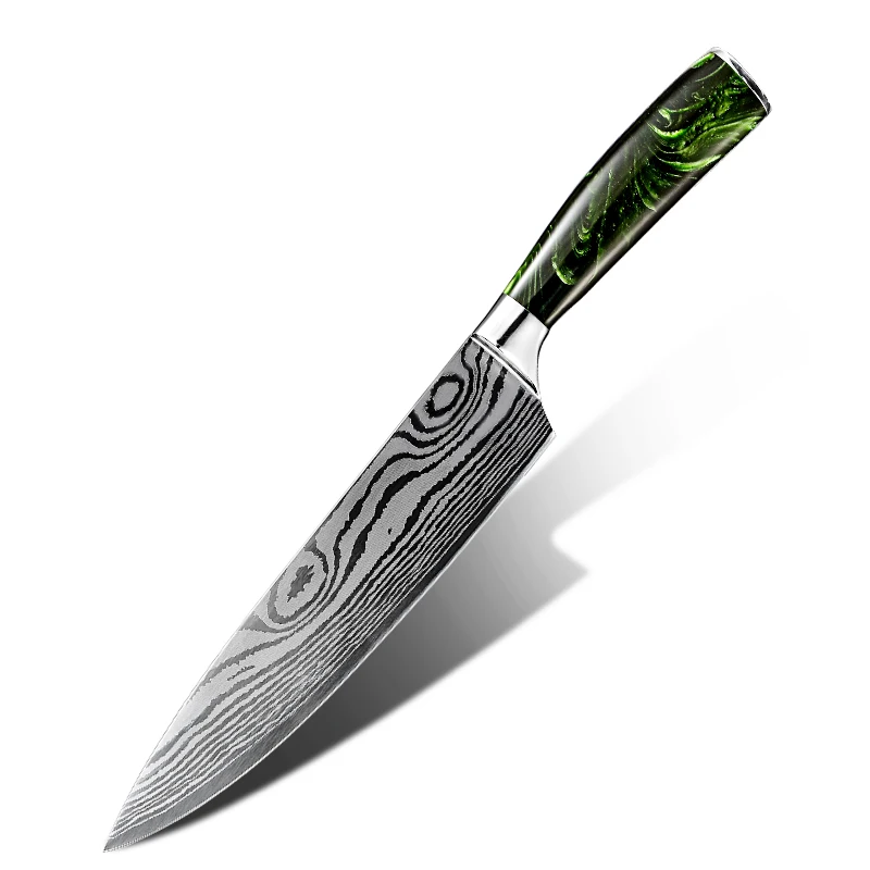 Лидер продаж на Amazon, кухонный нож шеф-повара из нержавеющей стали с зеленой смолой и лезвием в дамасском стиле, 8 дюймов