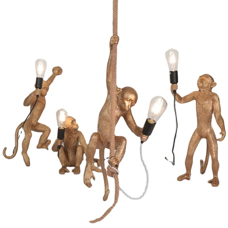 
Dropshipping Nordic Gold Hanging Monkey Lamp Pendant LED Table Lamps Black Animal Desk Lamp Fixture Hemp Rope Loft Table Lights 