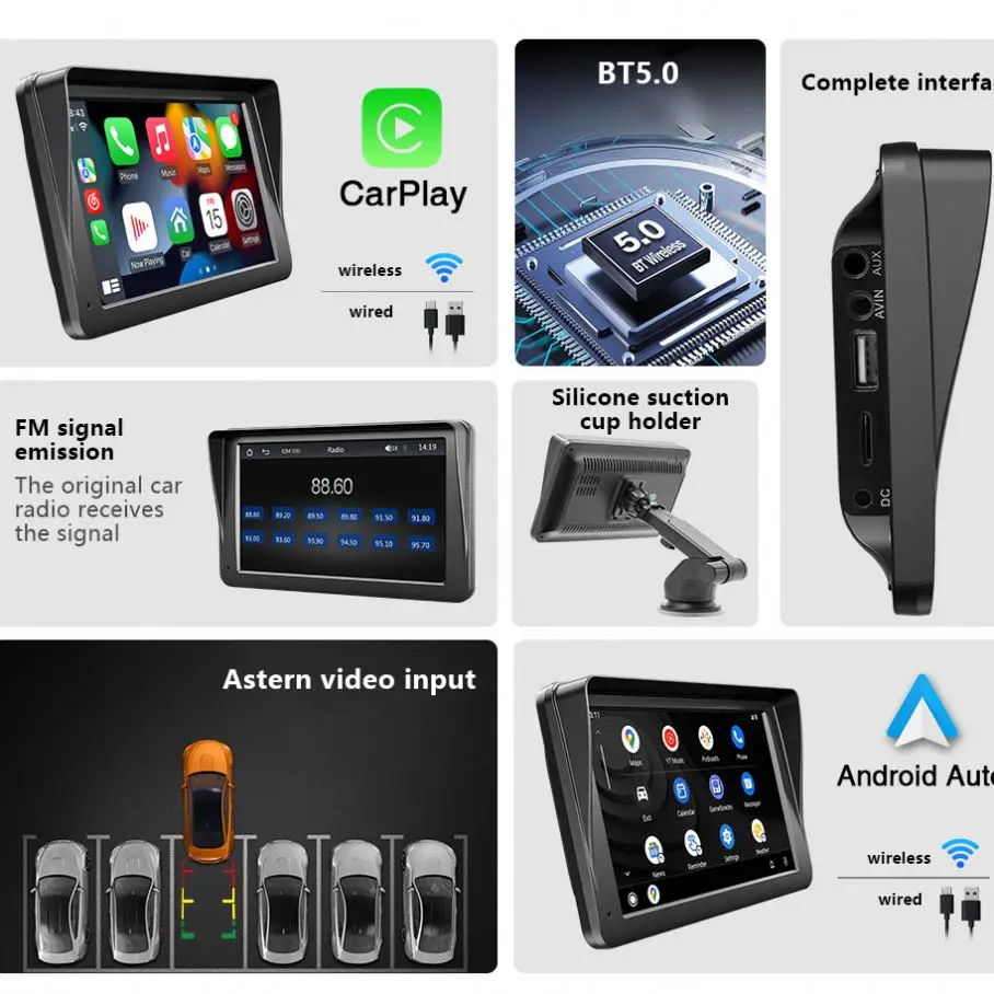 7 inch IPS Portable Wireless Carplay Android auto Car Touch Screen Multimedia navigation system Car monitor stereo Player