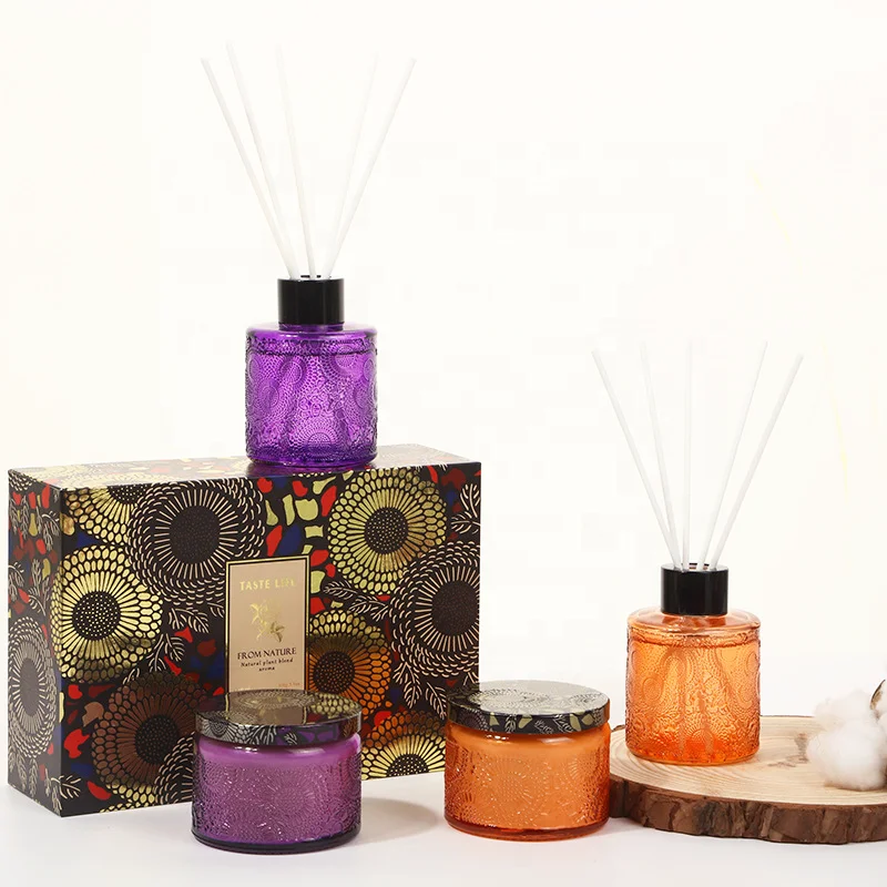 Hot selling embossed cup fragrance set DIY flameless fragrance rattan soybean candle set