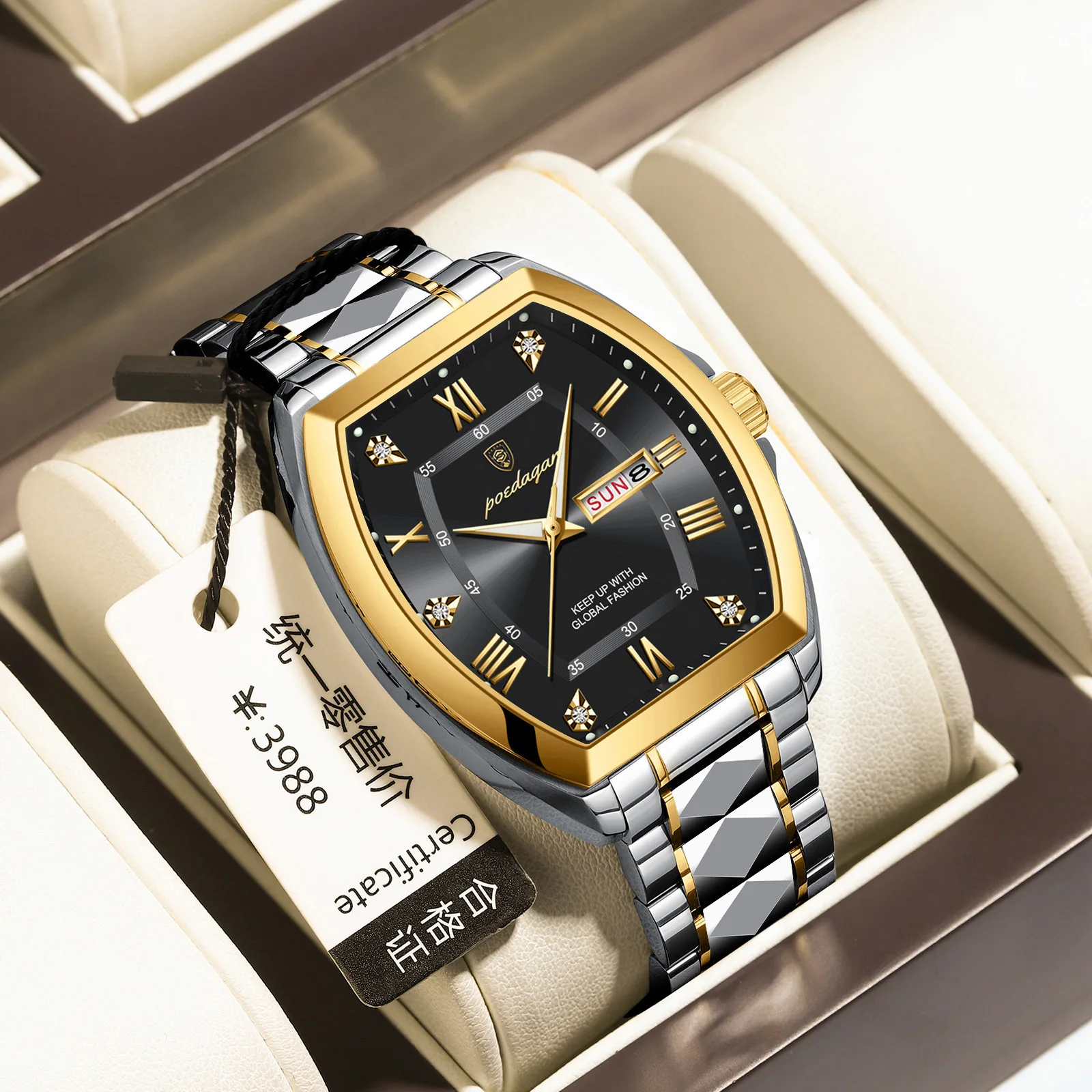 POEDAGAR 958 Luxury Watch Stainless Steel Luminous Waterproof Date Week Mens Watches Tonneau Case Quartz Watches Reloj 2024 New