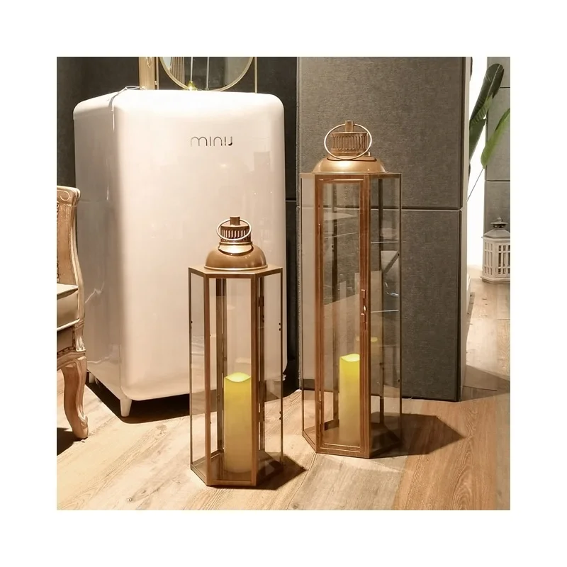 Fashion Sense Golden Metal Hanging LED Candle Holder Floor Stand Home Decoration Large Lantern with Handle