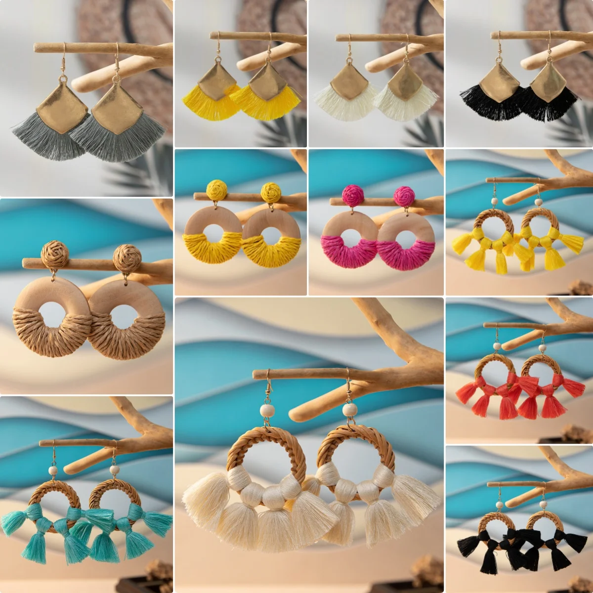 63 Design Bulk Beach Handmade Geometric Round Teardrop Boho Raffia Woven Earrings Weaved Rattan Fan Earrings