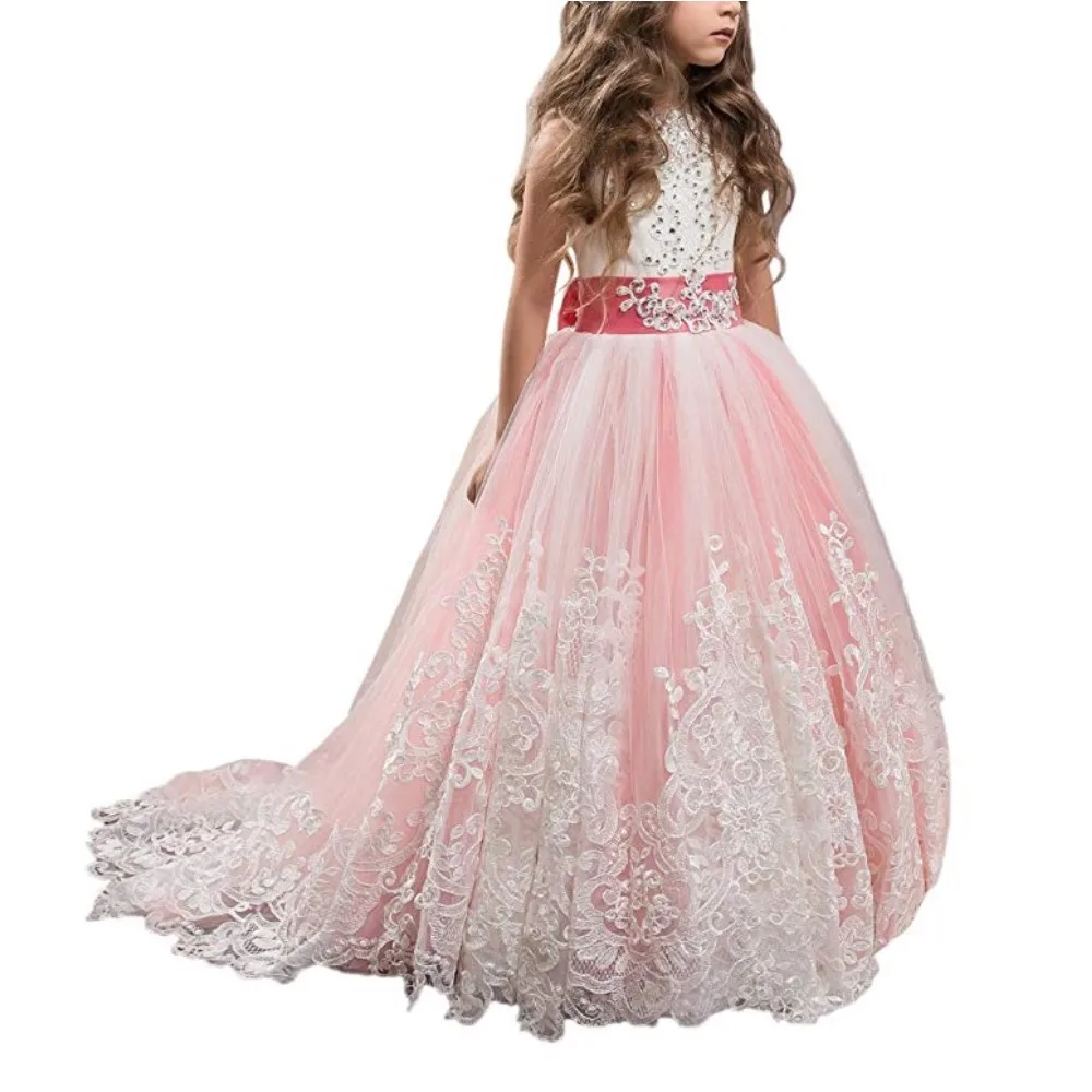 Fashion summer wholesale elegant white sleeveless bow kids children long prom gown party wedding teen girls evening dress