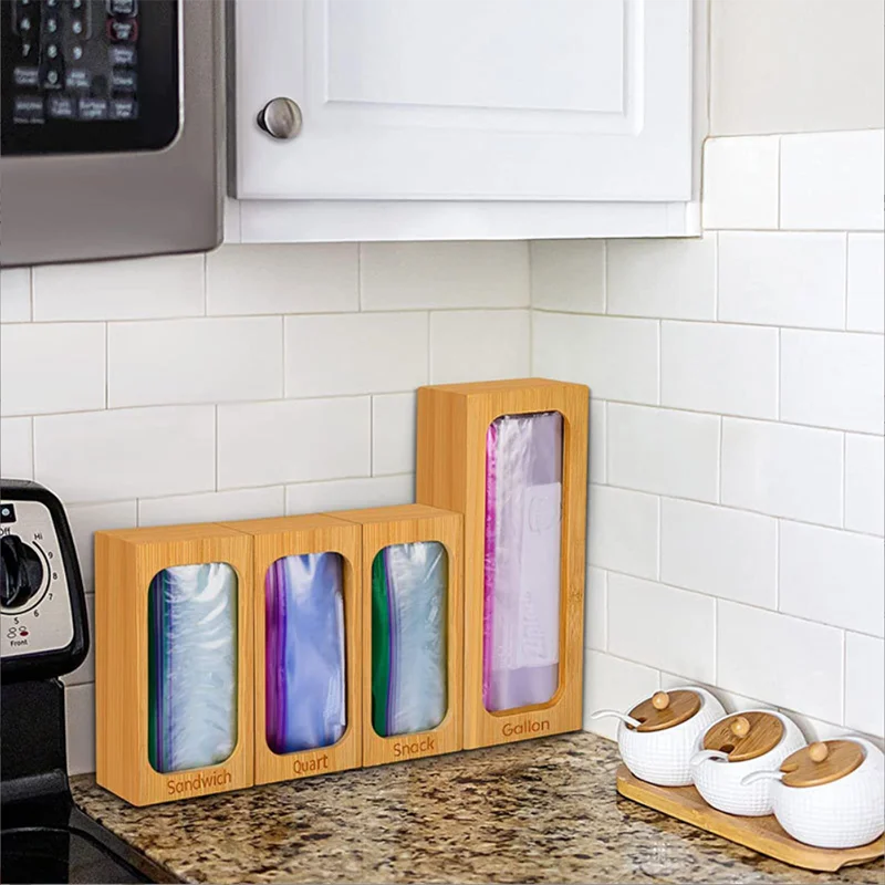 Wholesale Bamboo Aluminum Foil Cling Ziplock Bamboo Storage Boxes Dispenser Sandwich Bag Organizer For Kitchen Drawer