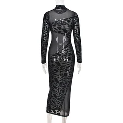 2021 Women Fall Seductive Club Wear Black Patchwork Flocking Mock Neck Long Sleeve Perspective Bodycon Maxi Dress