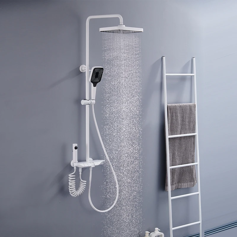 Luxury Wall Mounted White Rainfall Rain Shower Mixer 3 Function Piano Key Bathroom Shower Set