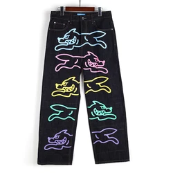 custom selvedge graphic denim jeans baggy straight fit leg black screen printed men jeans