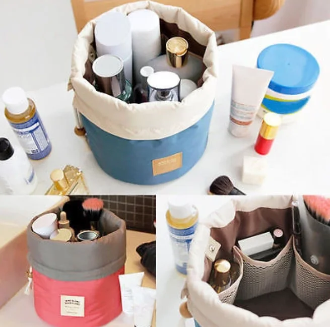 
OEM Barrel Shaped Travel Cosmetic Nylon Bag High Capacity Drawstring Elegant Drum Wash Bags 