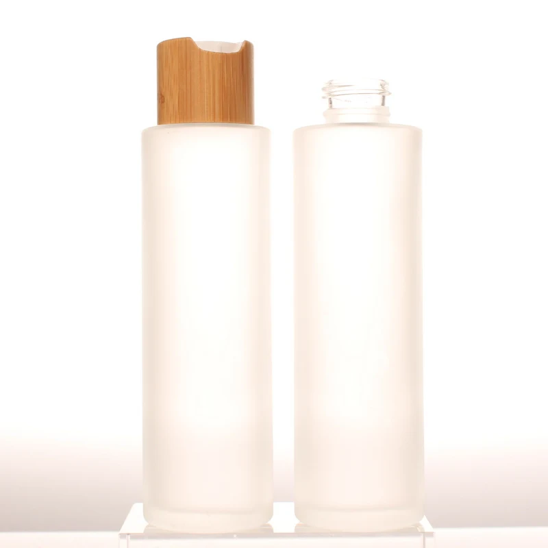 120ml Eco-friendly Bamboo Disc Top Cap 4 OZ Swing Cap Frost Glass Serum Packaging Serum Bottle for Wholesale