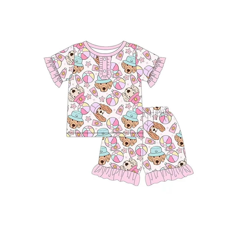 New Fashion Boutique Summer Clothing Baby Girls Pink Color Cute Dog Print Short Sleeve Top Shorts Pajama Set Outfit