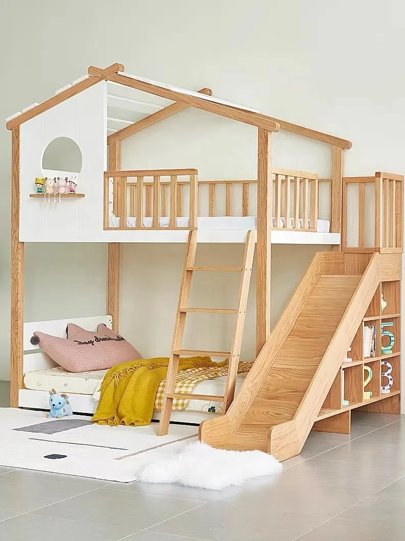 indoor strong and soft smooth cabin ladder loft wood bed with slide for your darling children