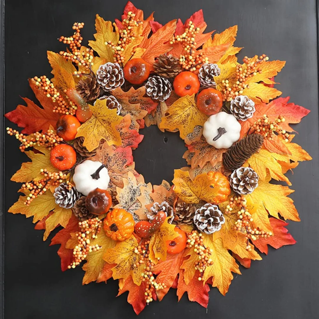 Thanksgiving Decoration Home Party Pumpkin Berry Pine Cone Wreath Front Door Hanging Fall Maple Wreath Thanksgiving Wreath
