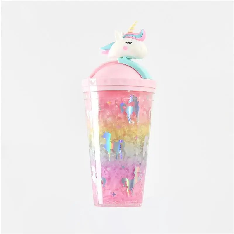 Lovely Unicorn Plastic Double Wall Water Bottle For Ladies And Children Water Leaking Proof Colorful Bottle With Straw