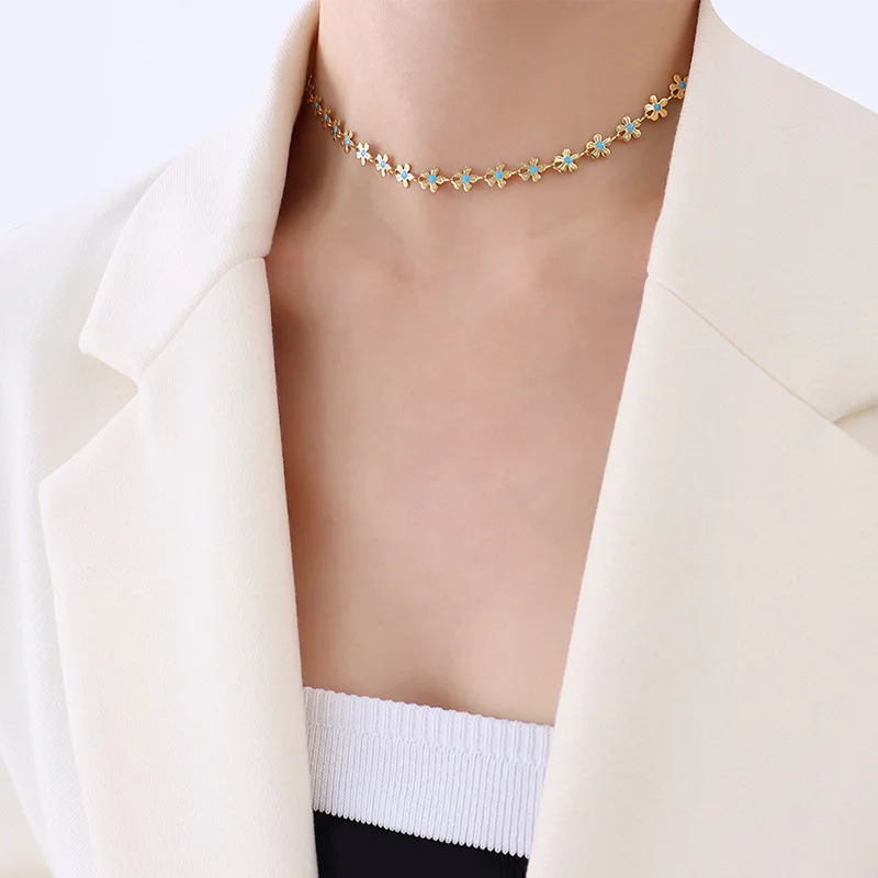 2024 Spring Fashion Jewelry Set Flower Design 18k Gold Plated Stainless Steel Enamel Necklace Bracelet Set For Women