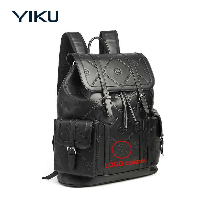 Custom debossed pattern vegan PU faux leather fashion black mens business laptop travel bag backpacks for work