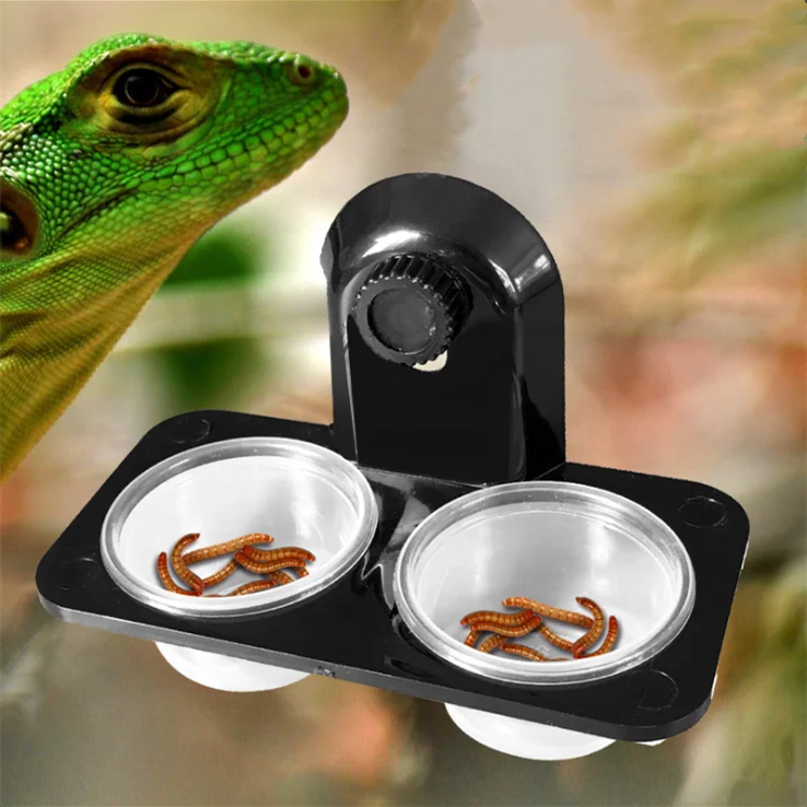 Double Grid Gecko Food Dish Feeder Lucite Reptile Feeding Dish Feeder with Detachable Suction Cup Worms Basin