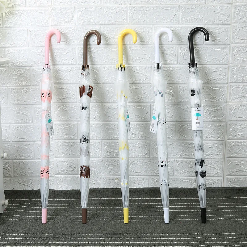 Kids Windproof Clear White Rainy Umbrella Fruit Animal Print Stick Shaft Long Straight Children Transparent Umbrellas