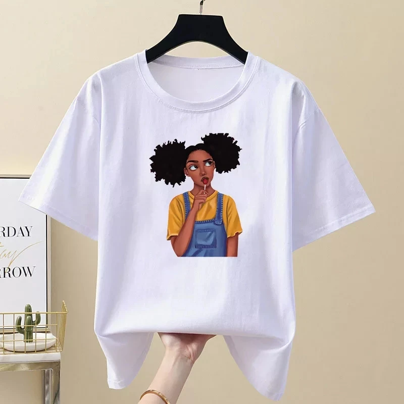Women Curly Hair Girl Black Shirt Girl Harajuku Casual White Top T Shirt Summer Female Short Sleeve Cotton T-Shirt