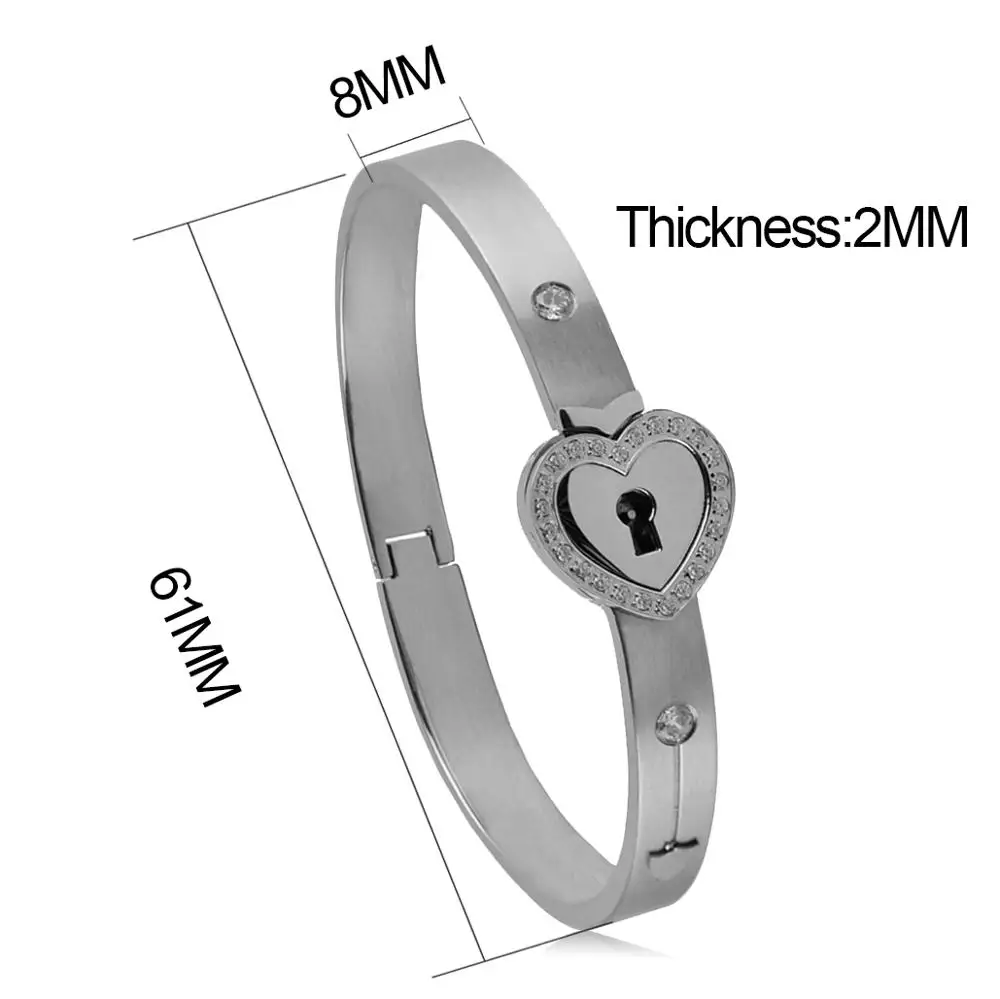 Love Lock Key Heart Bangles Stainless Steel Bangles with CZ Stones Inlaid