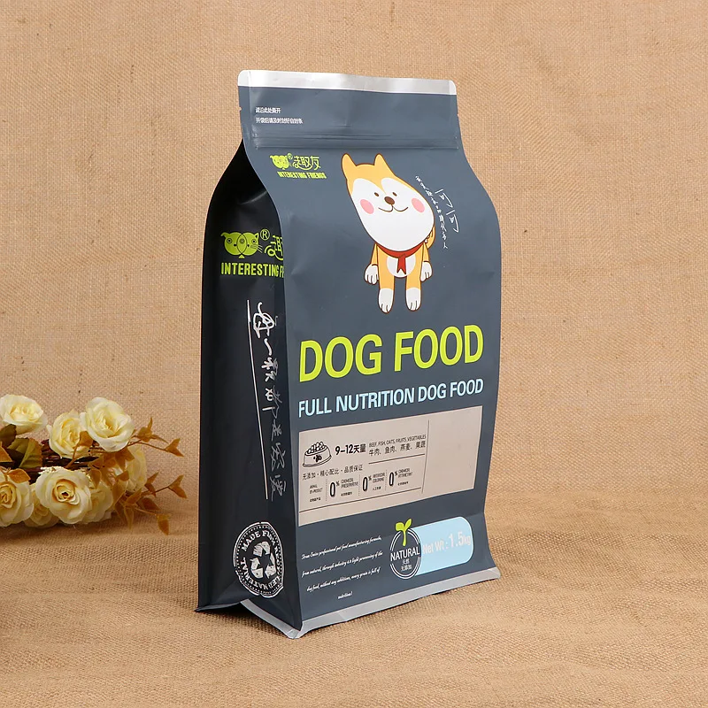 Factory price custom printed flat bottom eight side seal stand up pet dog food packaging bag