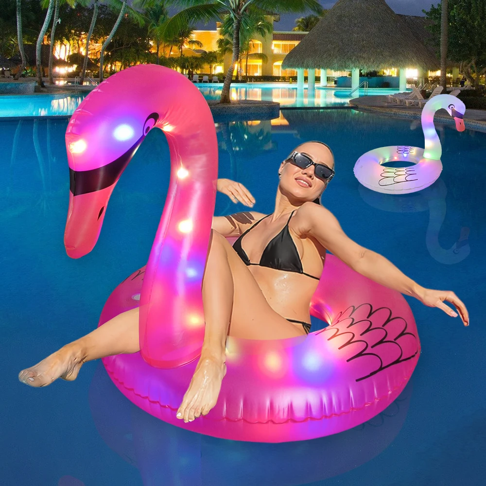New Design Flamingo White Swan LED 120cm Adult PVC Inflatable Swimming Ring Float for Beach Pool Summer Use Pool Float Circle