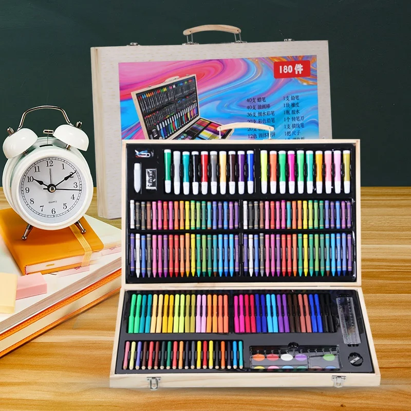 Wooden Box 180 pieces Color Draw Pencil Art Crayon Supplies Kit Painting Drawing Wholesale Kids Stationery Crafts Art Set