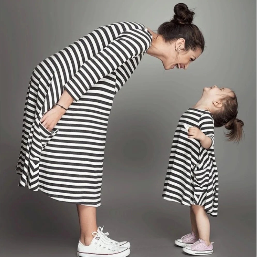 Mother Days Bamboo Daughter Clothes Family Matching Outfits Striped Printed Pocket Dress Kids Clothing Women Clothes
