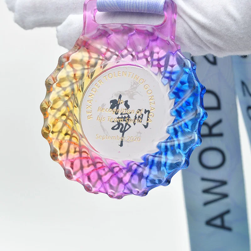 Cheap wholesale Crystal Ribbon Award Custom colored glaze glass Medals Sports Medal for souvenir gifts