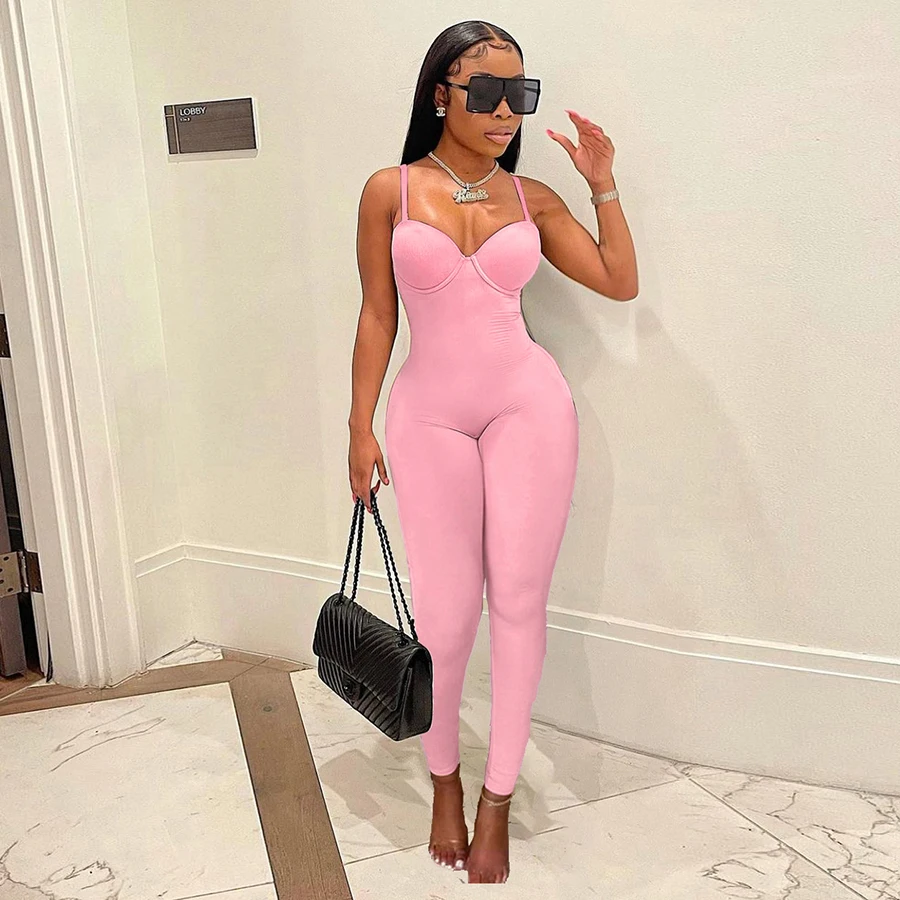 K21Q10418 Fashion Clothes 2022 Sleeveless Halter Jumpsuit High Street Solid Color Bodycon One Piece Plus Size Jumpsuit
