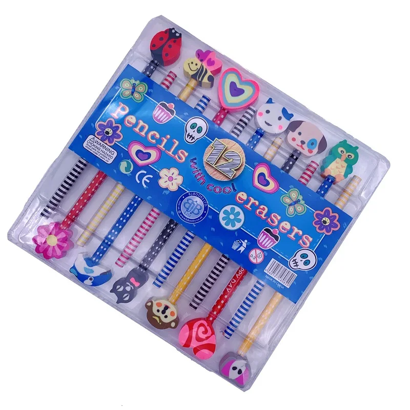 Office & School hb 12pcs cartoon Animal fruit rubber eraser pencil